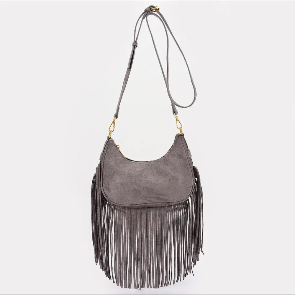 Gray Suede Fringe Crossbody Bag - Women's Shoulder Bag 9.5” wide 7” tall 3” deep